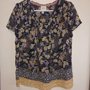 Knox Rose Black Floral Print Sheer Short Sleeve V Neck Tassel Boho Blouse‎ S